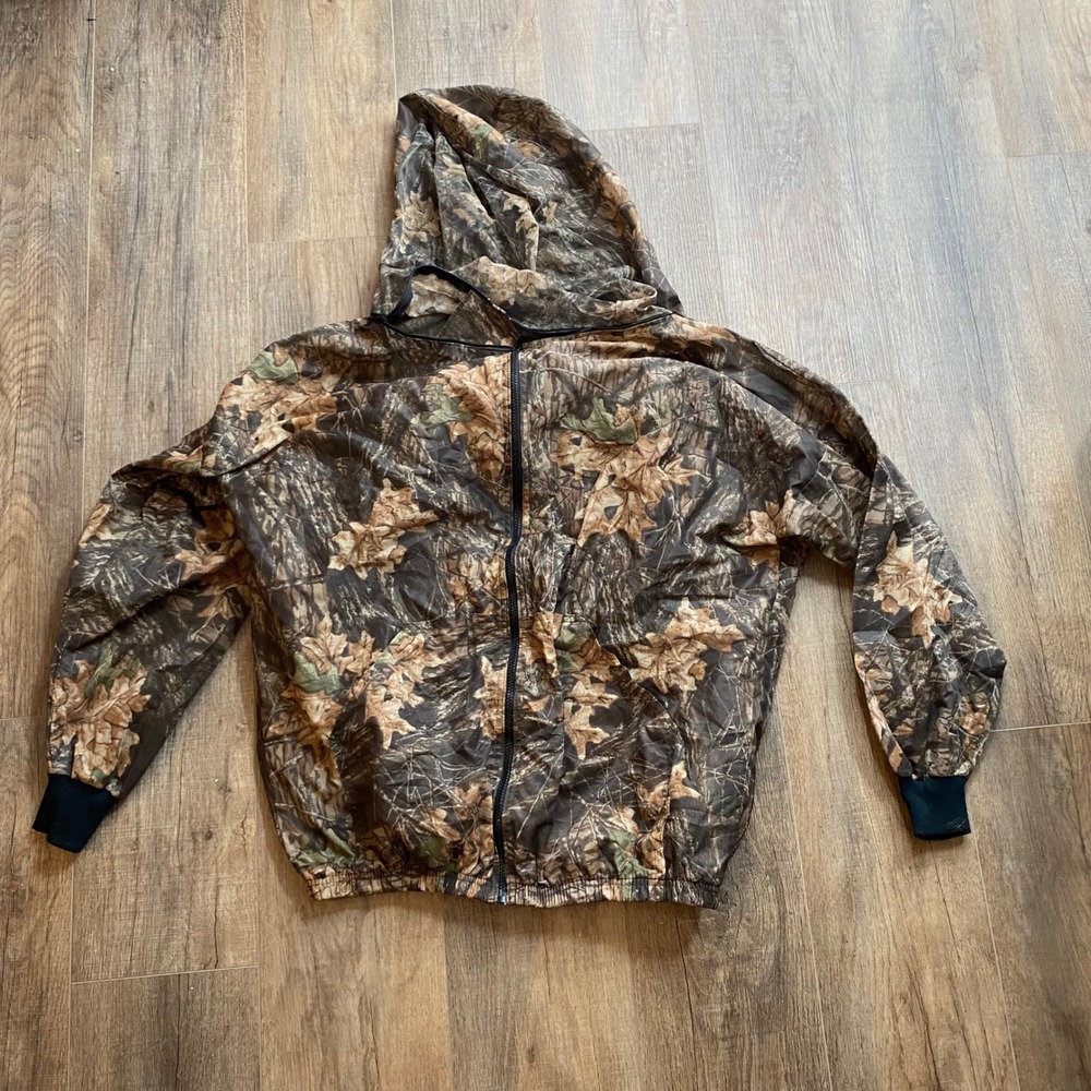 Vintage Camouflage Mesh Bug Jacket Hooded Full Zip Hunting Camo Large (L)